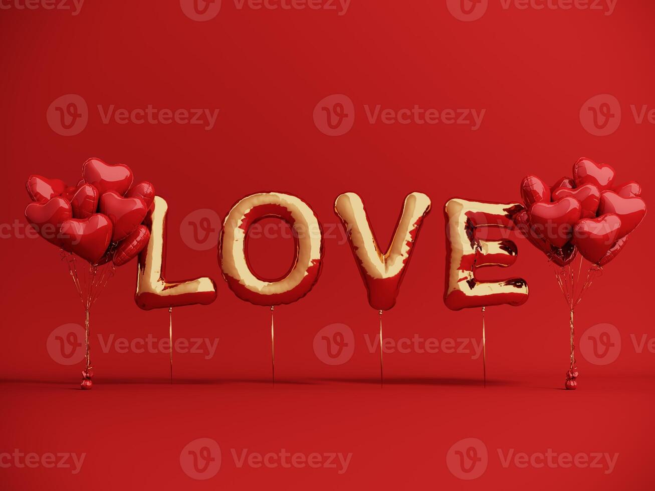 Premium podium, stand on bright background. Holiday greeting card for Valentine's Day - 3d, render with copy space on February 14, March 8. Studio with red hearts air balloons, symbol of love. photo