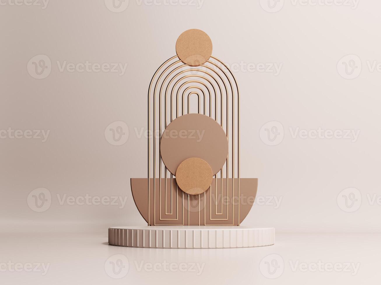 3d render of podium, showcase, display in boho style. Advertising stand with abstract shapes and palm leaves. Pastel minimal background for the presentation of cosmetics, products. photo