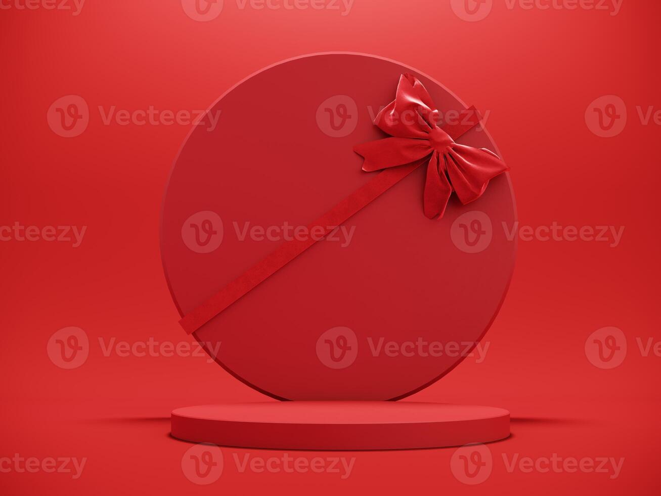 Premium podium, stand on bright background. Holiday greeting card for Valentine's Day - 3d, render with copy space on February 14, March 8. Studio with red hearts air balloons, symbol of love. photo