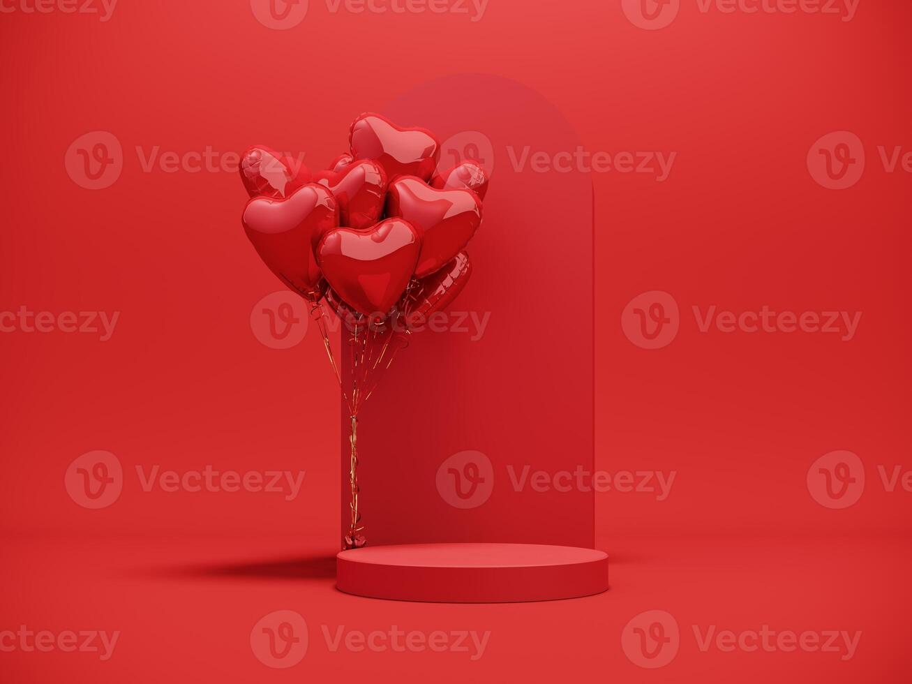Premium podium, stand on bright background. Holiday greeting card for Valentine's Day - 3d, render with copy space on February 14, March 8. Studio with red hearts air balloons, symbol of love. photo