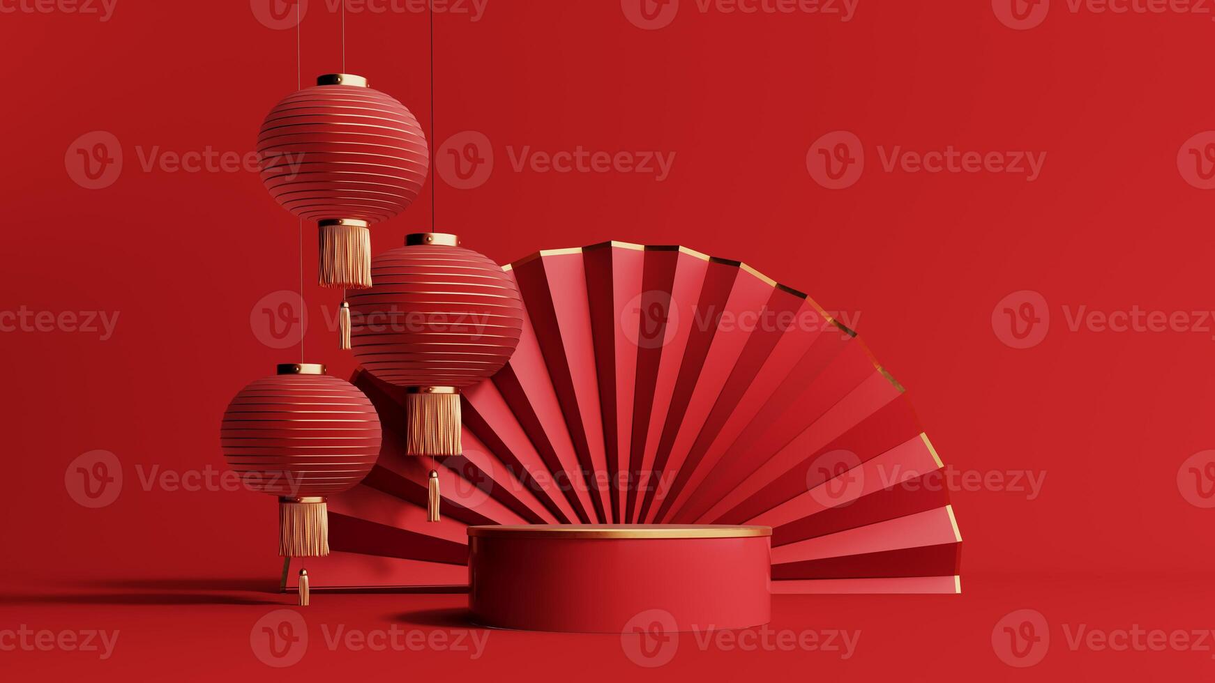 3d render of a festive Chinese New Year celebration, with a luxurious red and gold podium display with lanterns, paper fans. Background for advertising, promotional poster or flyer. photo