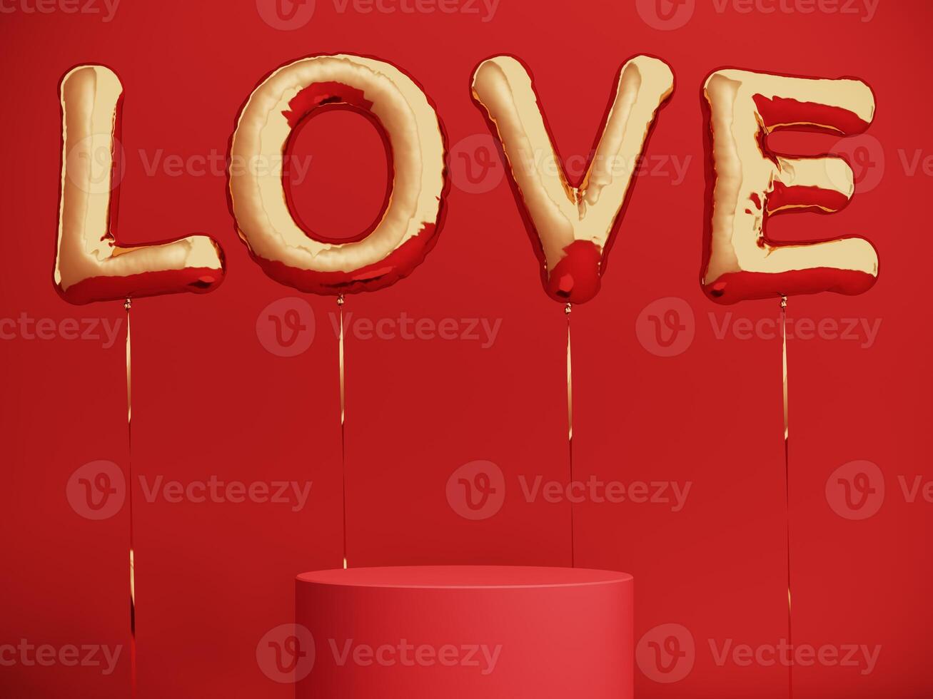 Premium podium, stand on bright background. Holiday greeting card for Valentine's Day - 3d, render with copy space on February 14, March 8. Studio with red hearts air balloons, symbol of love. photo