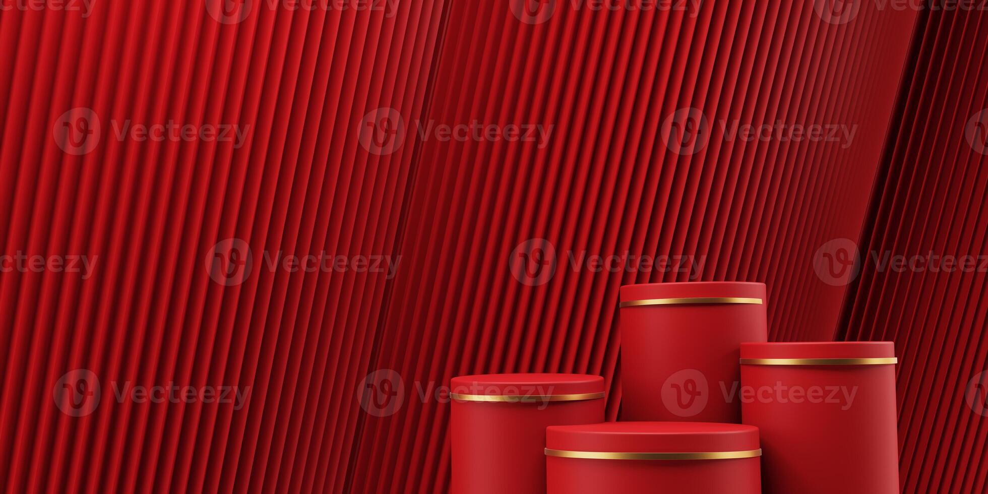 3d render of a festive Chinese New Year celebration, with a luxurious red and gold podium display with lanterns, paper fans. Background for advertising, promotional poster or flyer. photo