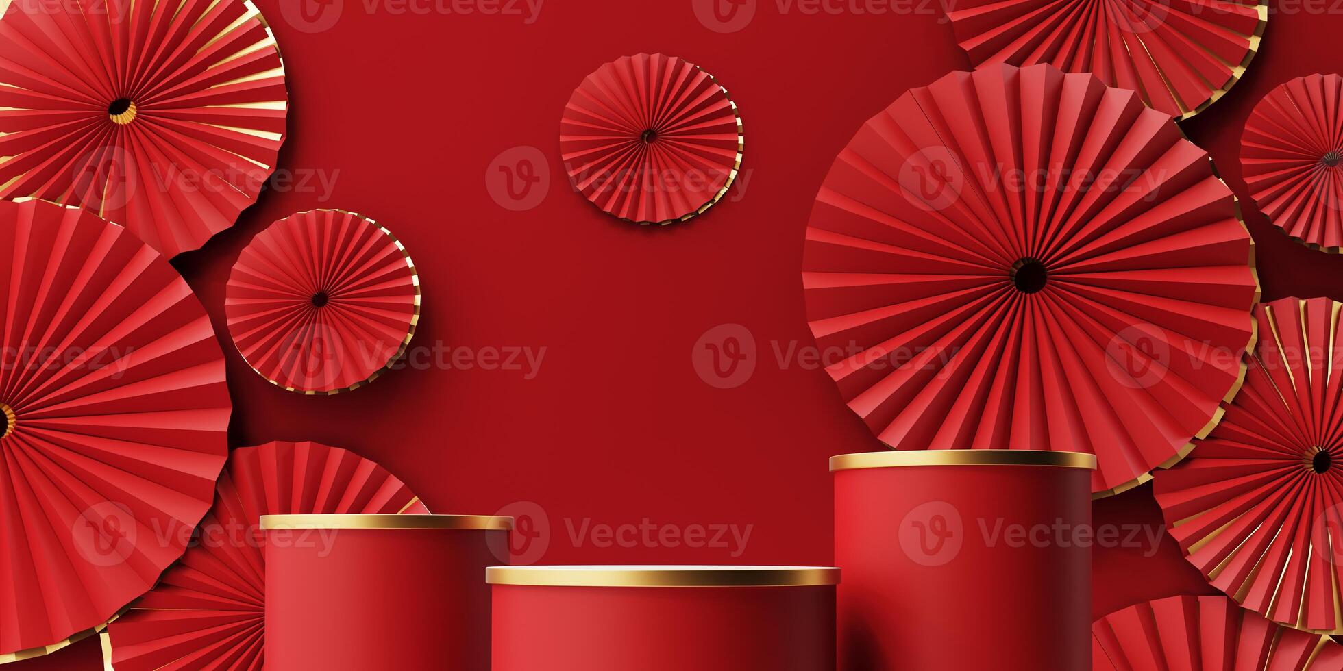 3d render of a festive Chinese New Year celebration, with a luxurious red and gold podium display with lanterns, paper fans. Background for advertising, promotional poster or flyer. photo