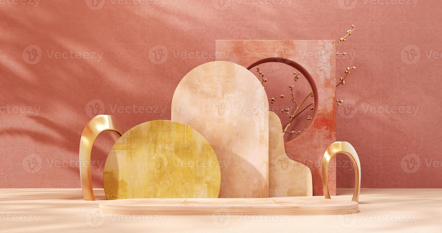 Unobtrusive botanical background with shadow on the wall - trend frame, cover, card, postcard. Exhibition Podium, stand, showcase on pastel light background for premium product -3D render. photo