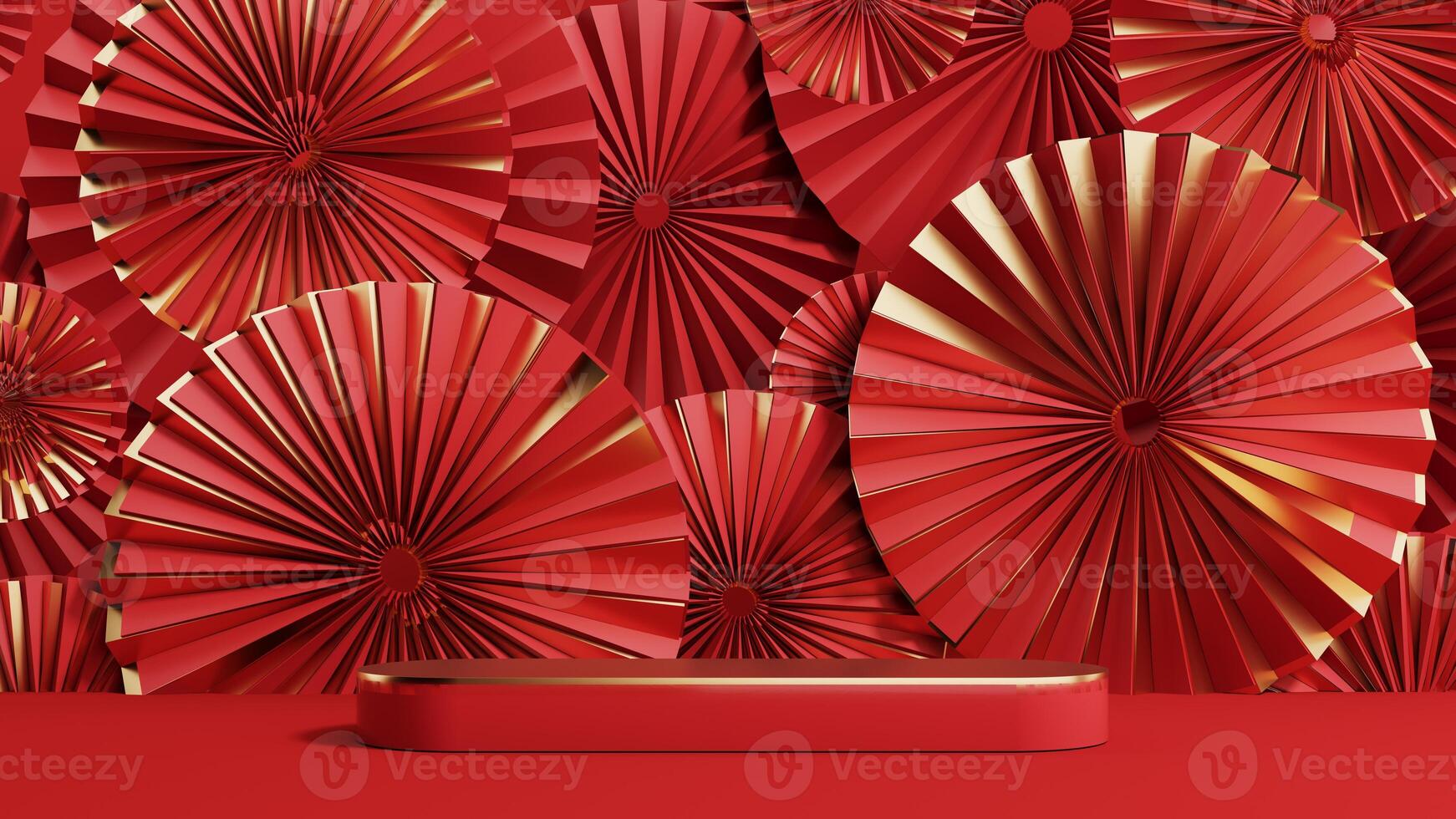 3d render of a festive Chinese New Year celebration, with a luxurious red and gold podium display with lanterns, paper fans. Background for advertising, promotional poster or flyer. photo