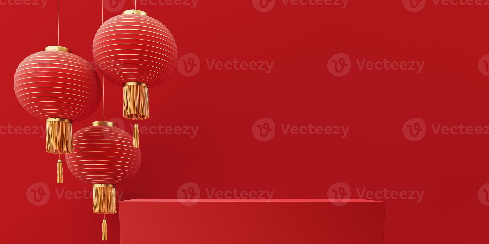 3d render of a festive Chinese New Year celebration, with a luxurious red and gold podium display with lanterns, paper fans. Background for advertising, promotional poster or flyer. photo