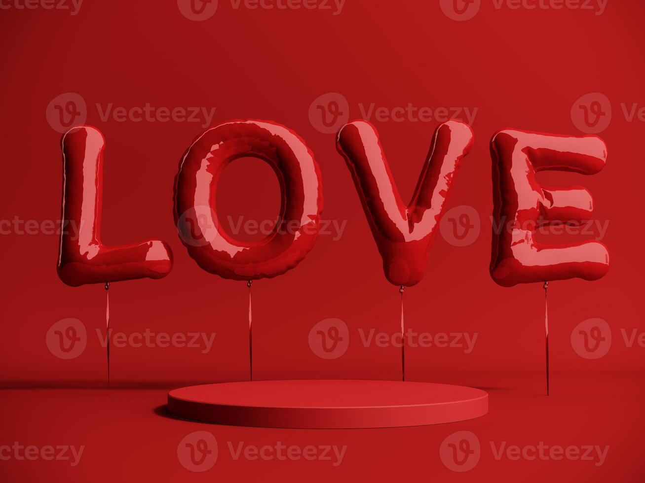 Premium podium, stand on bright background. Holiday greeting card for Valentine's Day - 3d, render with copy space on February 14, March 8. Studio with red hearts air balloons, symbol of love. photo