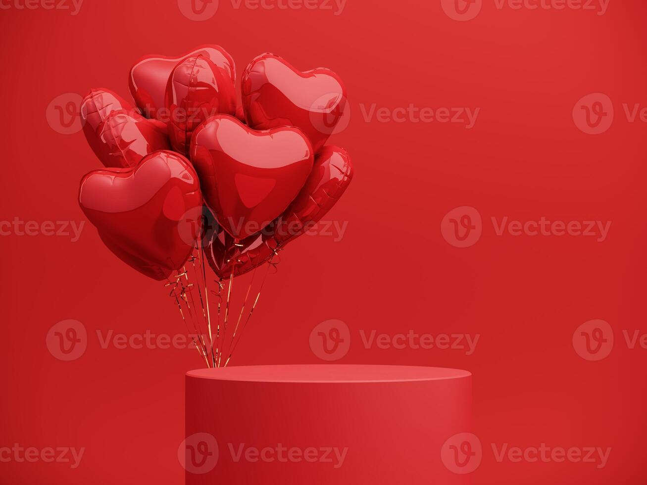 Premium podium, stand on bright background. Holiday greeting card for Valentine's Day - 3d, render with copy space on February 14, March 8. Studio with red hearts air balloons, symbol of love. photo