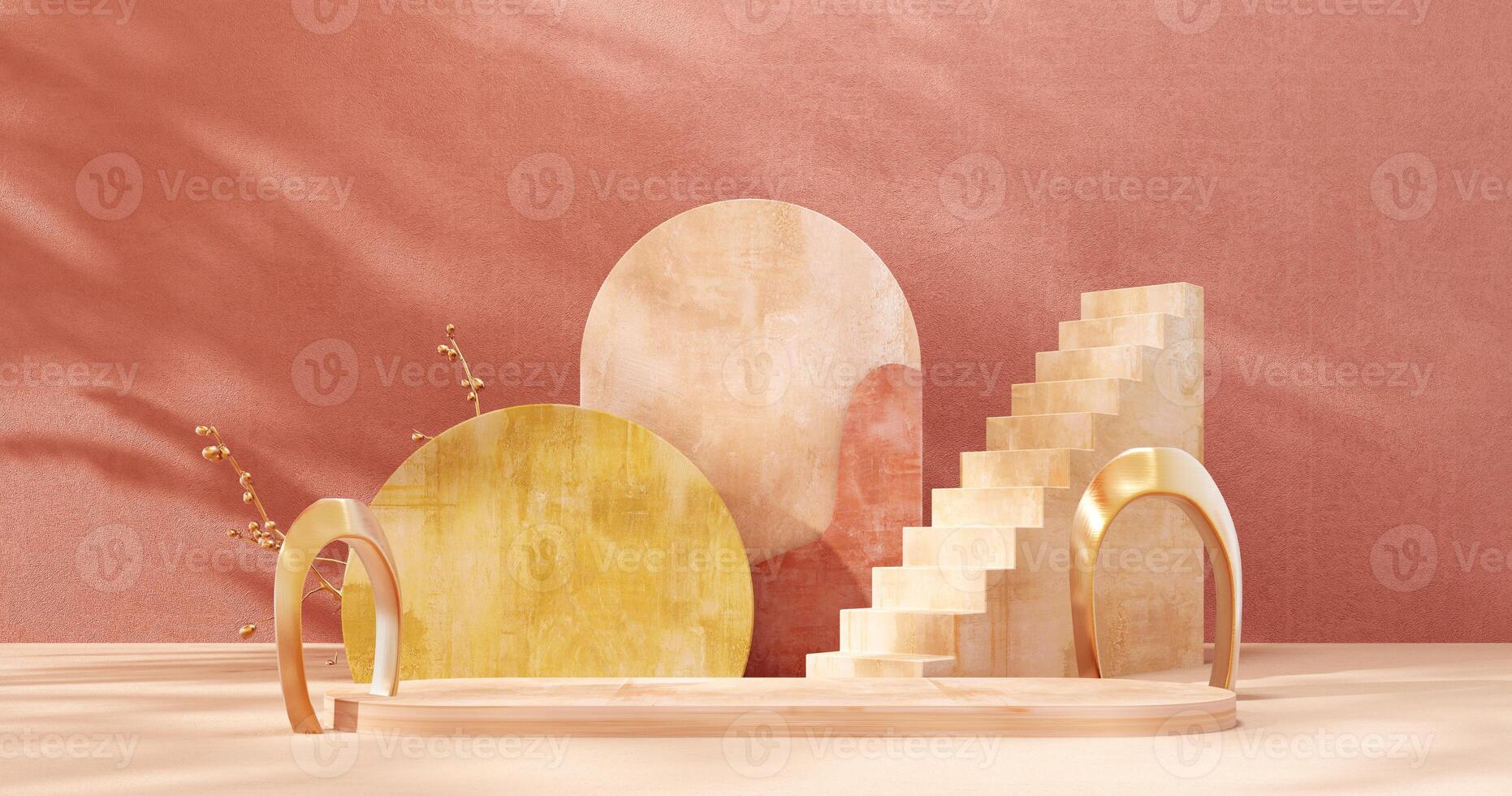 Unobtrusive botanical background with shadow on the wall - trend frame, cover, card, postcard. Exhibition Podium, stand, showcase on pastel light background for premium product -3D render. photo