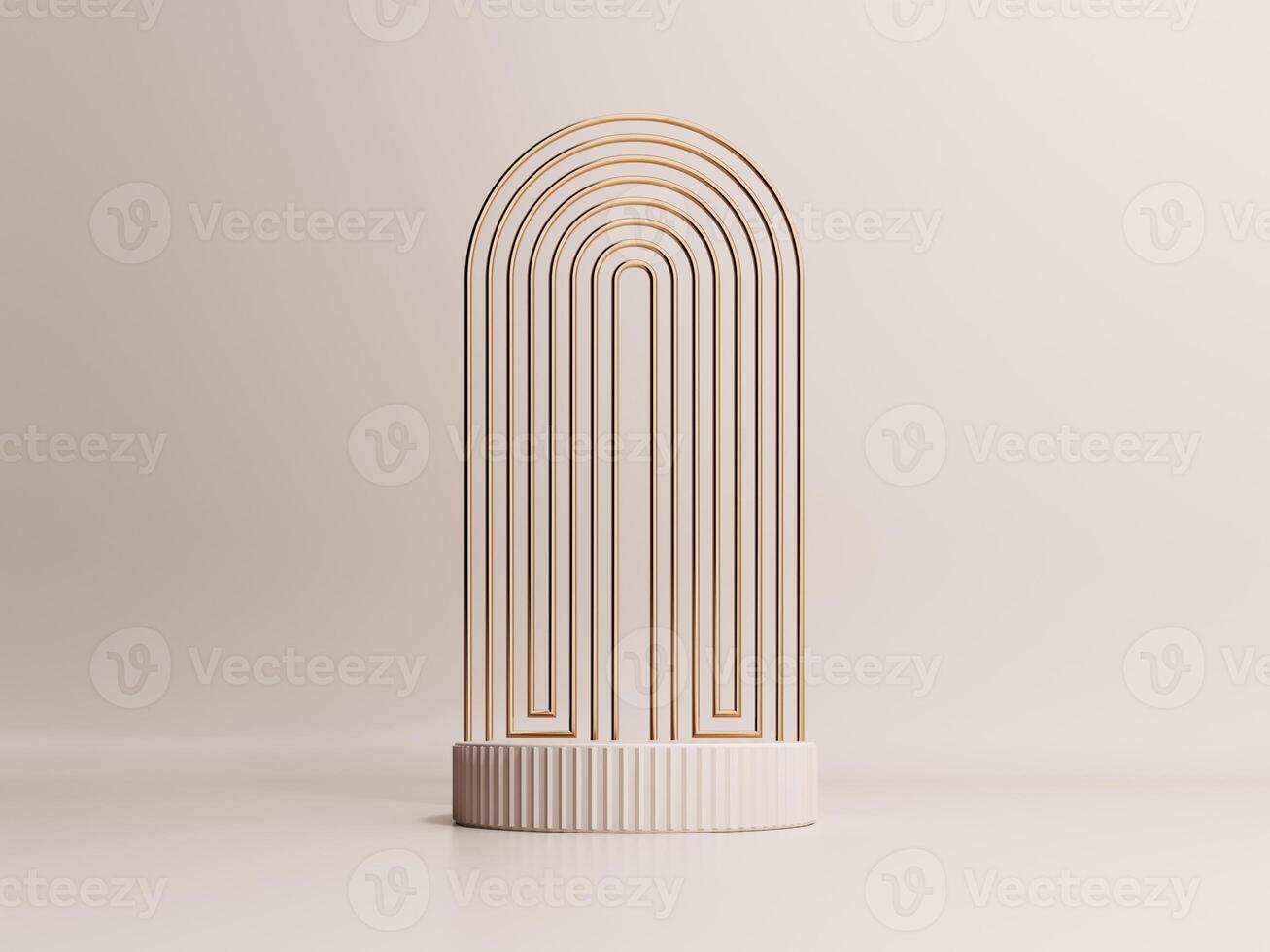3d render of podium, showcase, display in boho style. Advertising stand with abstract shapes and palm leaves. Pastel minimal background for the presentation of cosmetics, products. photo