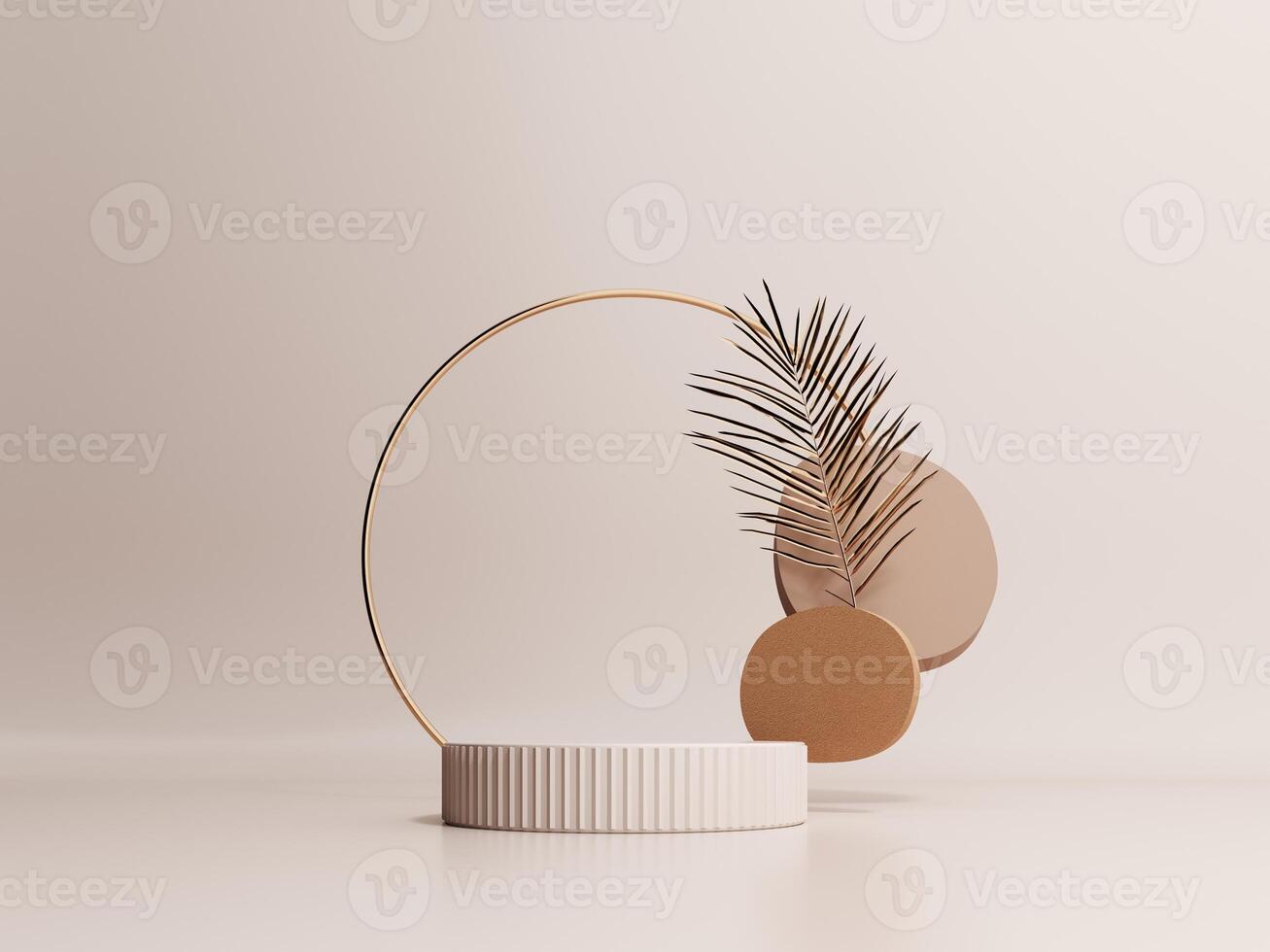 3d render of podium, showcase, display in boho style. Advertising stand with abstract shapes and palm leaves. Pastel minimal background for the presentation of cosmetics, products. photo