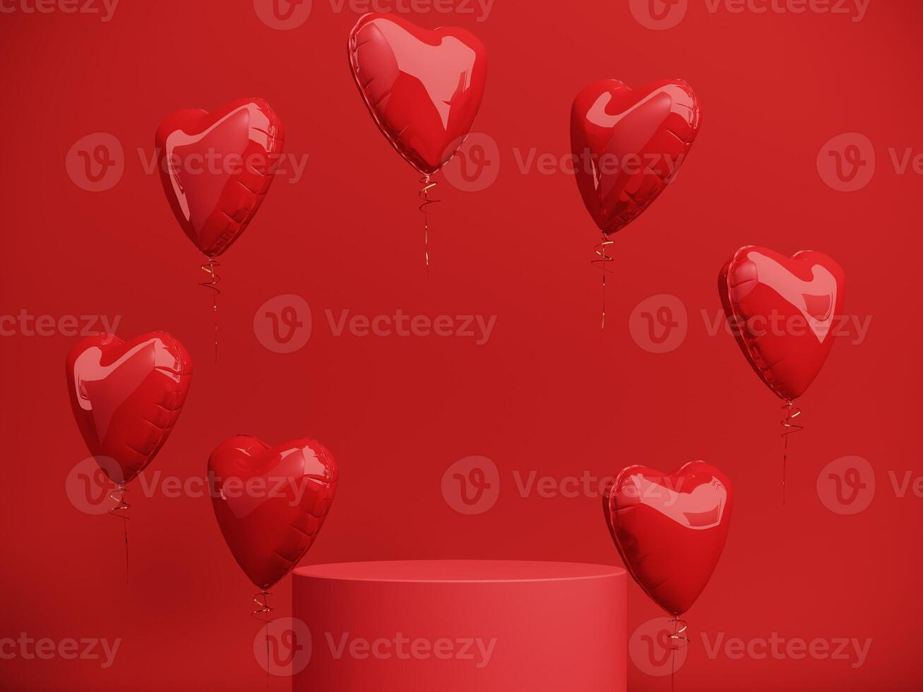 Premium podium, stand on bright background. Holiday greeting card for Valentine's Day - 3d, render with copy space on February 14, March 8. Studio with red hearts air balloons, symbol of love. photo