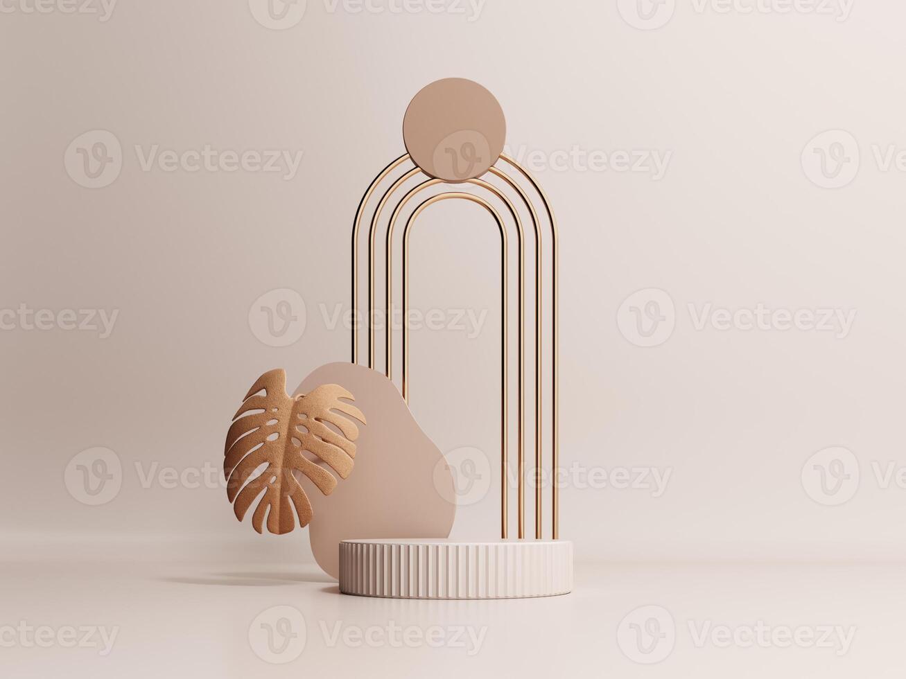 3d render of podium, showcase, display in boho style. Advertising stand with abstract shapes and palm leaves. Pastel minimal background for the presentation of cosmetics, products. photo