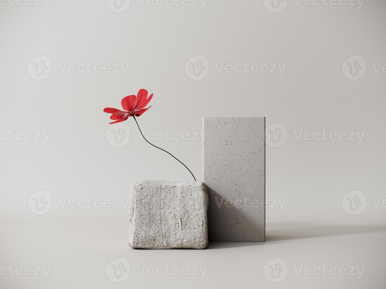 Premium podium, concrete stand on pastel, light background with natural plant, leaves, poppy flowers. Mock up for exhibitions, presentation of products - 3D, render. Minimalistic showcase, display. photo