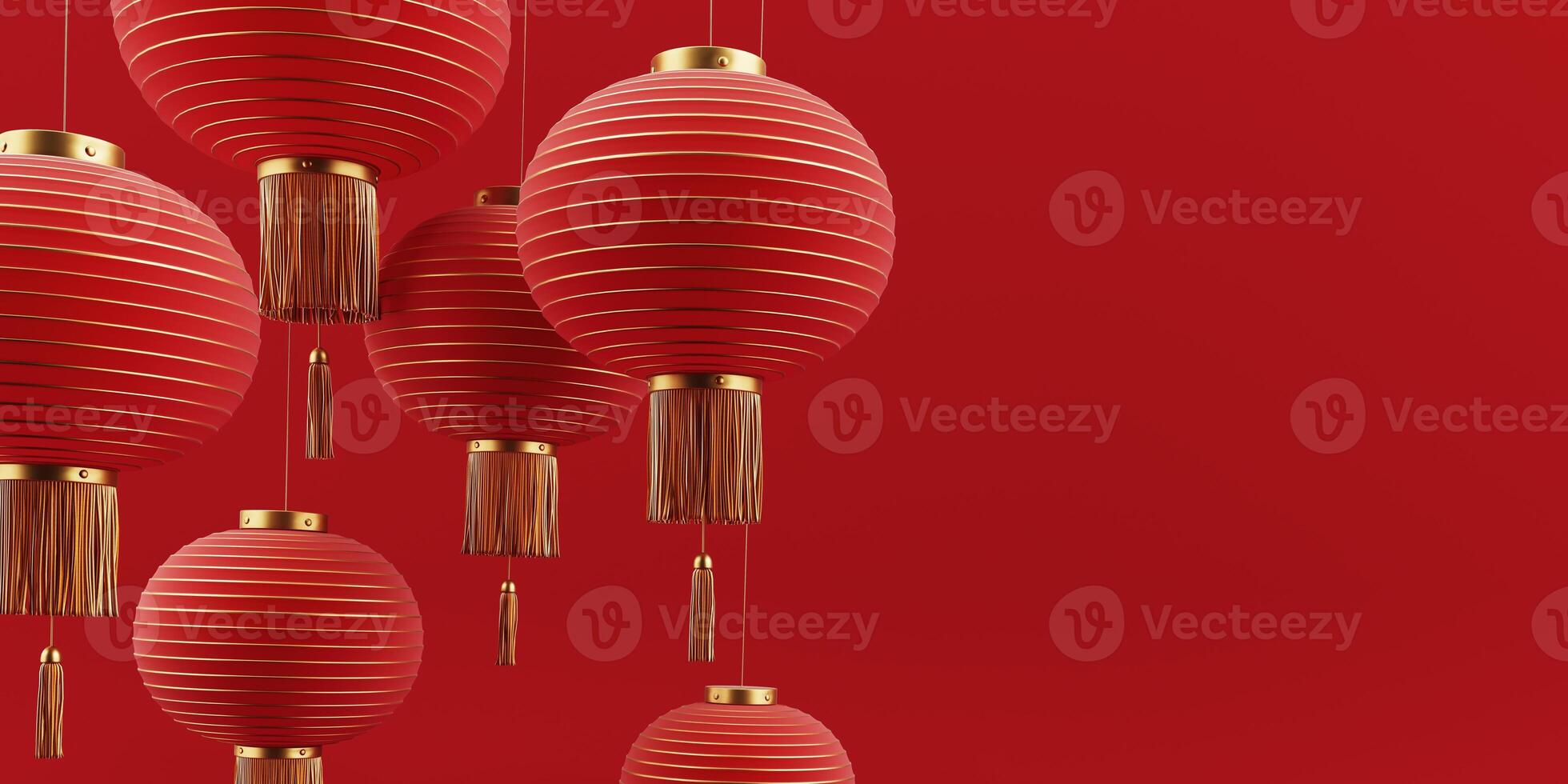 3D render of a modern, geometric background for Chinese New Year celebration with oriental elements, lanterns, paper fans. Suitable for festive advertisements or special offer promotions. photo
