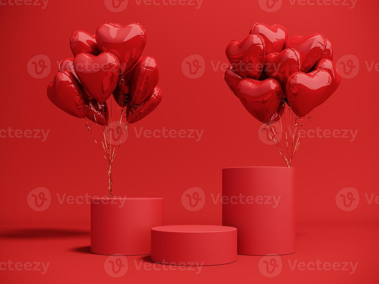 Premium podium, stand on bright background. Holiday greeting card for Valentine's Day - 3d, render with copy space on February 14, March 8. Studio with red hearts air balloons, symbol of love. photo