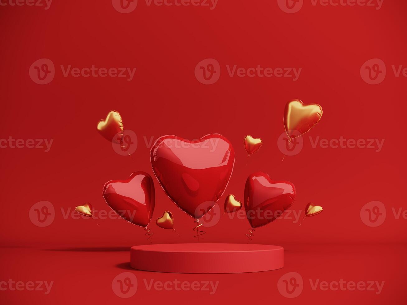Premium podium, stand on bright background. Holiday greeting card for Valentine's Day - 3d, render with copy space on February 14, March 8. Studio with red hearts air balloons, symbol of love. photo