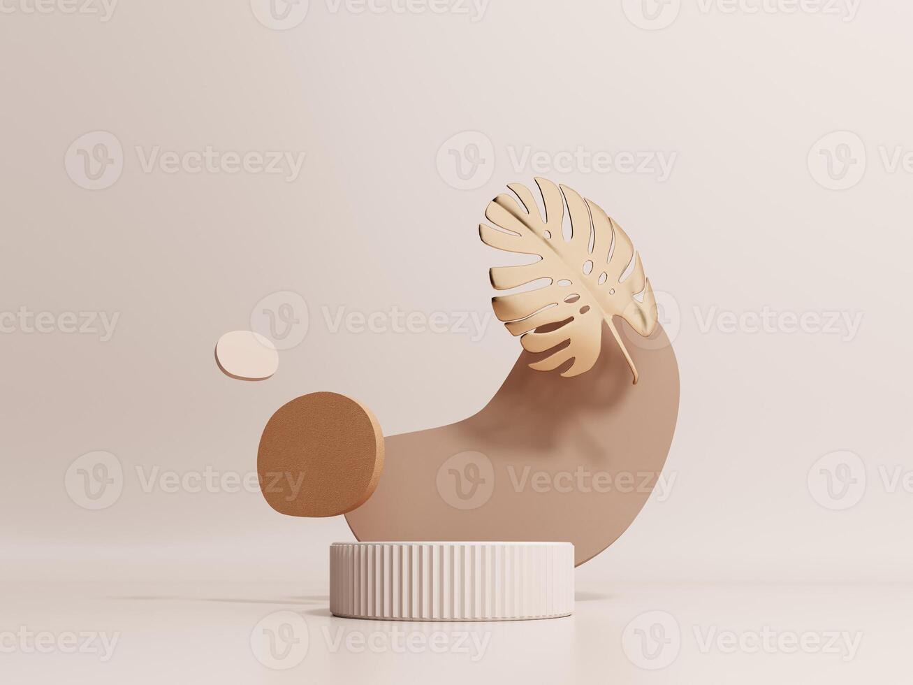 3d render of podium, showcase, display in boho style. Advertising stand with abstract shapes and palm leaves. Pastel minimal background for the presentation of cosmetics, products. photo