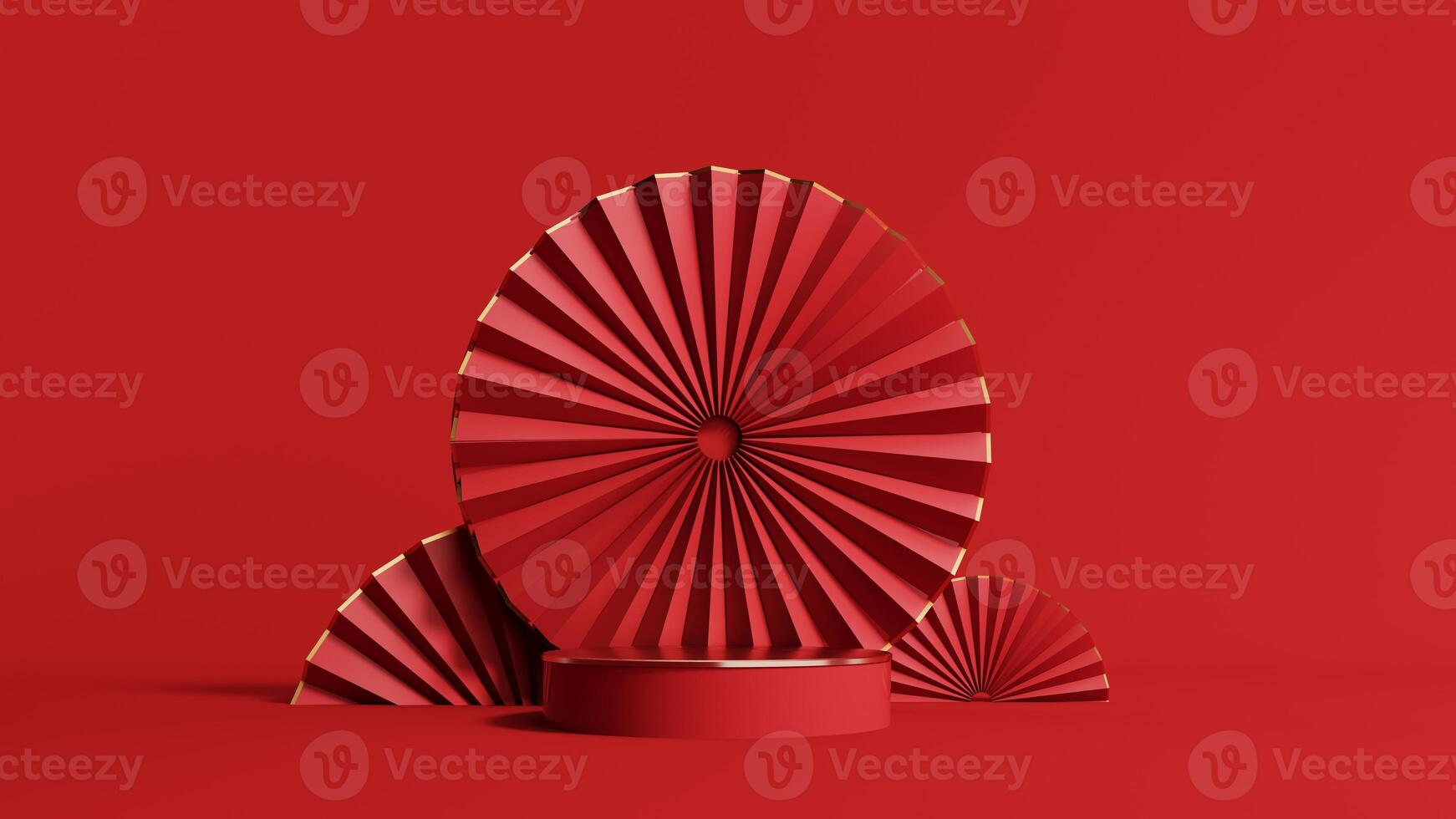 3d render of a festive Chinese New Year celebration, with a luxurious red and gold podium display with lanterns, paper fans. Background for advertising, promotional poster or flyer. photo
