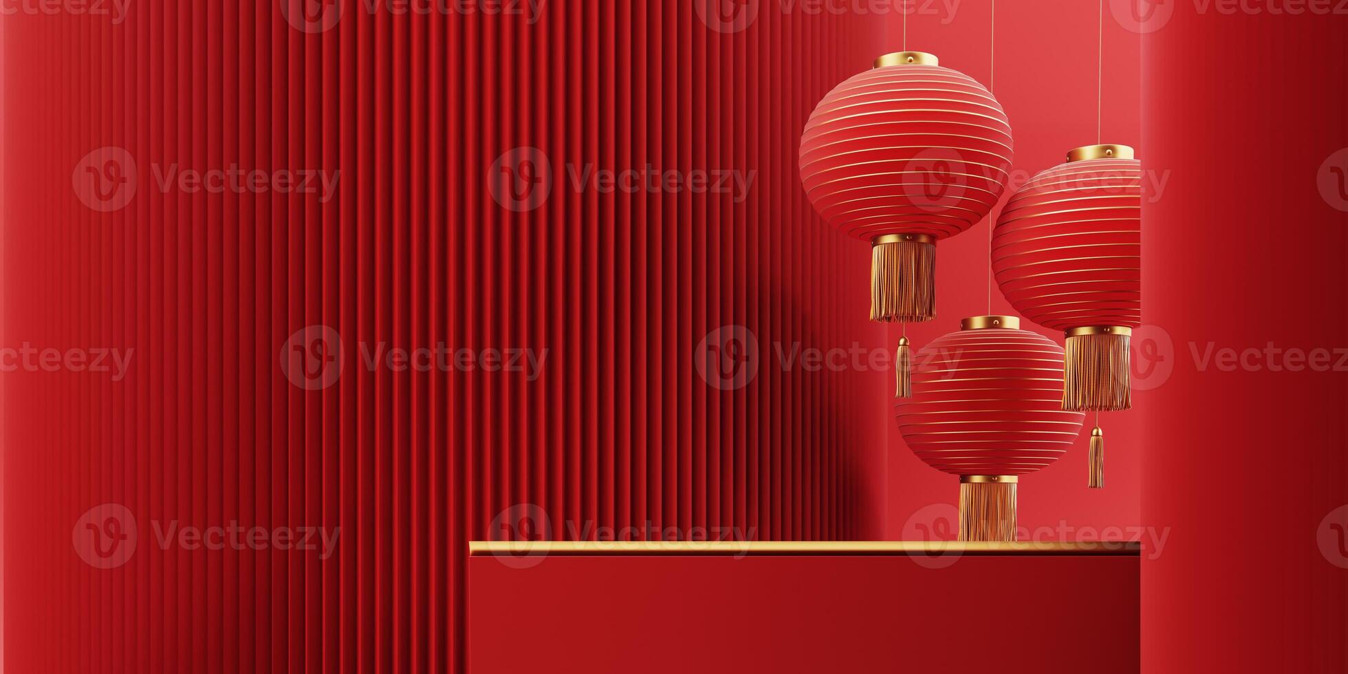 3d render of a festive Chinese New Year celebration, with a luxurious red and gold podium display with lanterns, paper fans. Background for advertising, promotional poster or flyer. photo