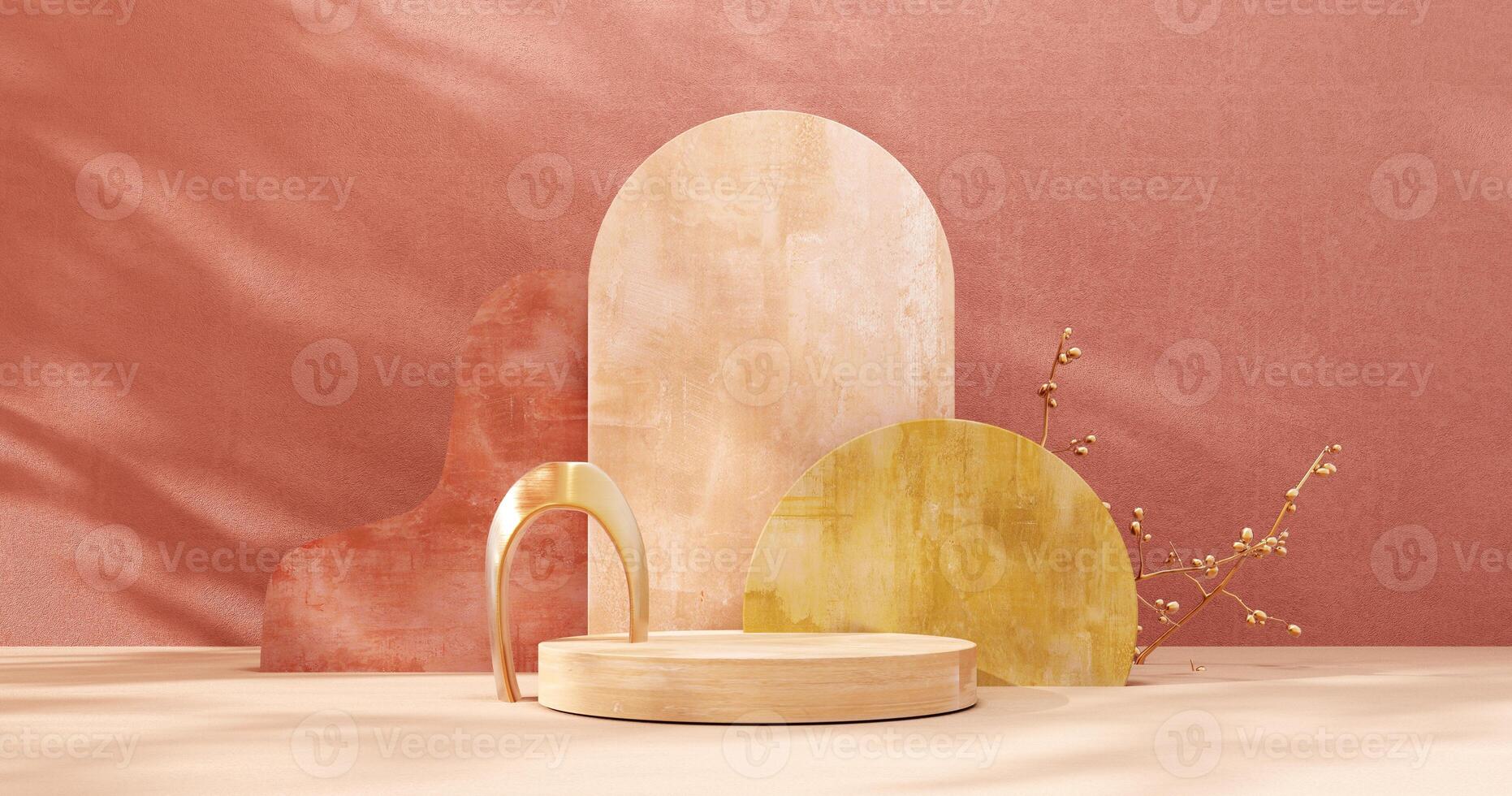 Unobtrusive botanical background with shadow on the wall - trend frame, cover, card, postcard. Exhibition Podium, stand, showcase on pastel light background for premium product -3D render. photo