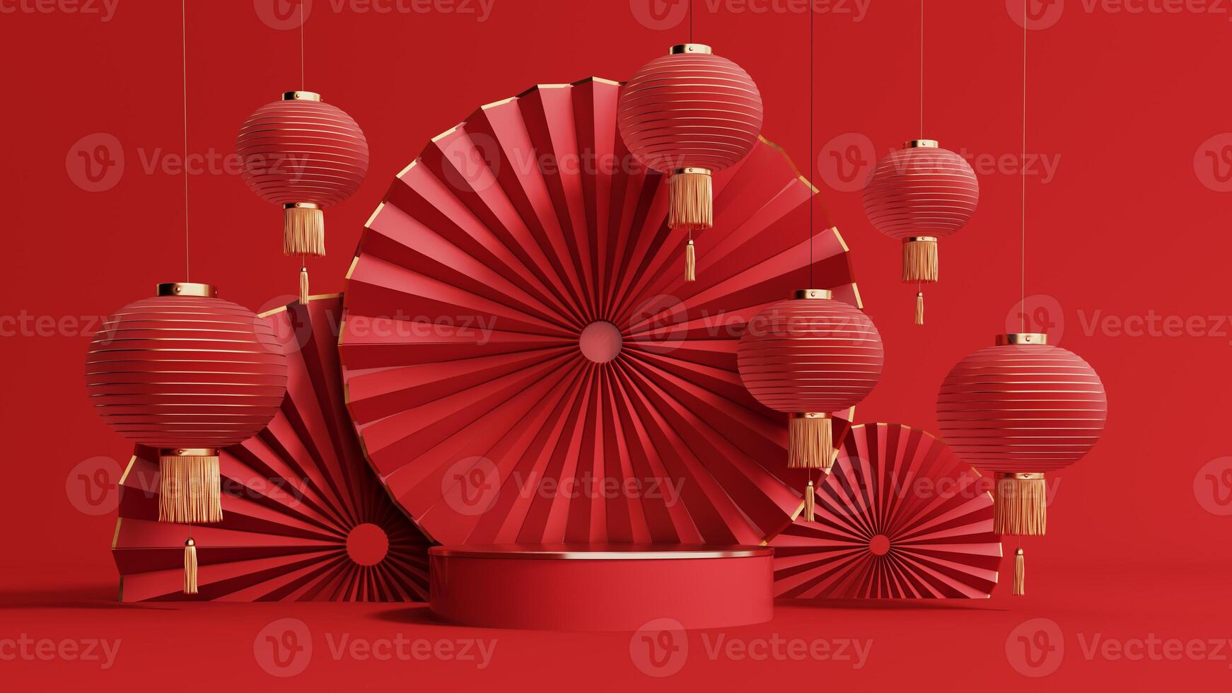 3d render of a festive Chinese New Year celebration, with a luxurious red and gold podium display with lanterns, paper fans. Background for advertising, promotional poster or flyer. photo