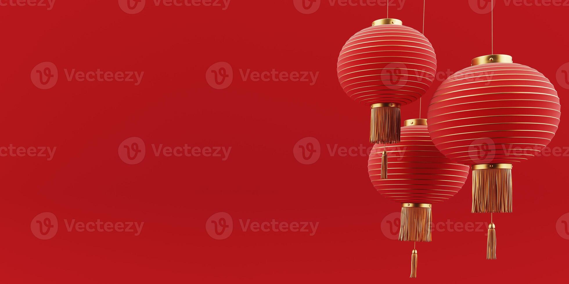 3D render of a modern, geometric background for Chinese New Year celebration with oriental elements, lanterns, paper fans. Suitable for festive advertisements or special offer promotions. photo
