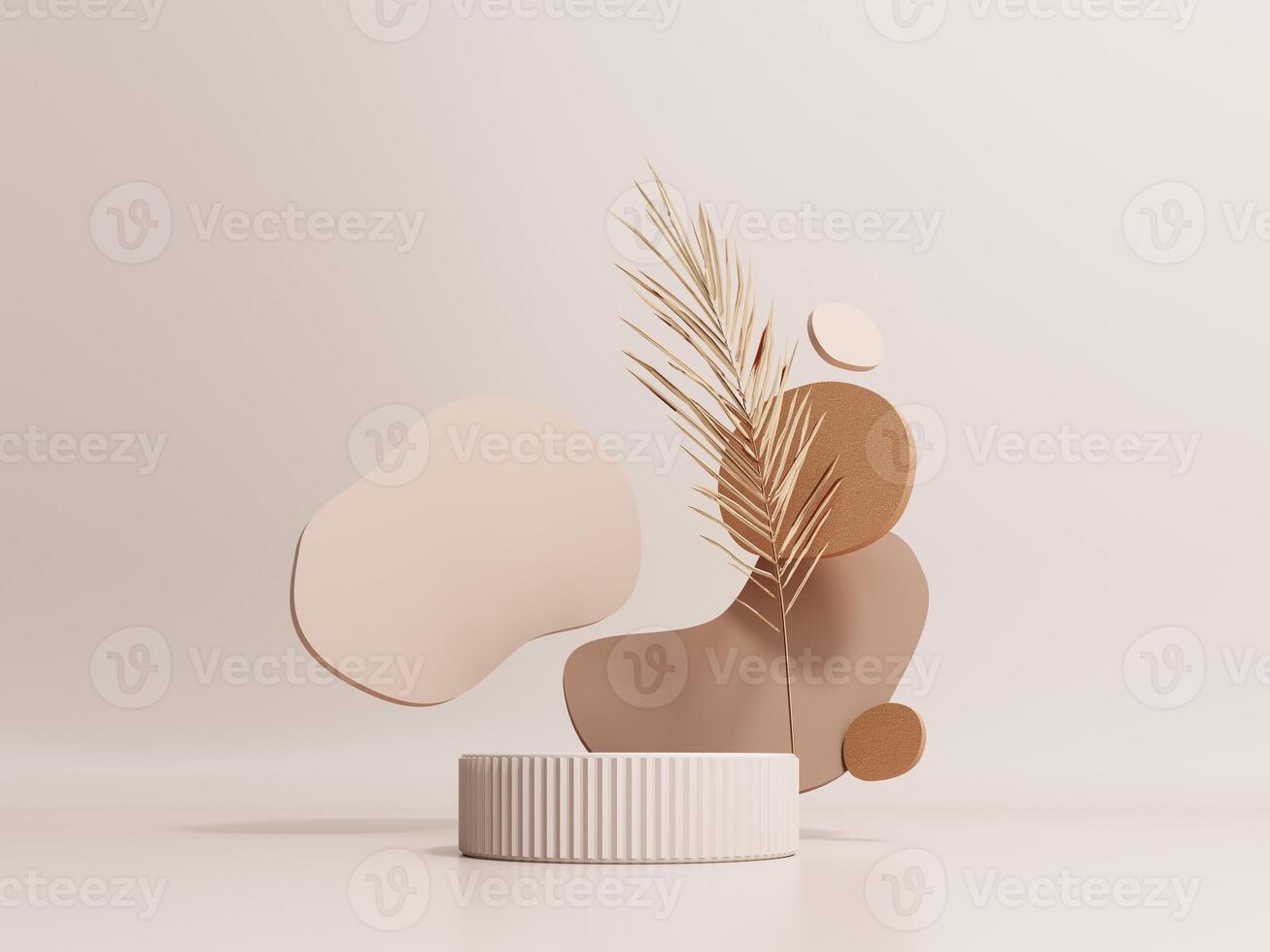 3d render of podium, showcase, display in boho style. Advertising stand with abstract shapes and palm leaves. Pastel minimal background for the presentation of cosmetics, products. photo