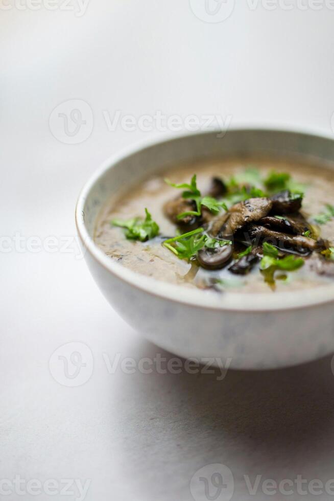 a bowl of soup with mushrooms and herbs photo