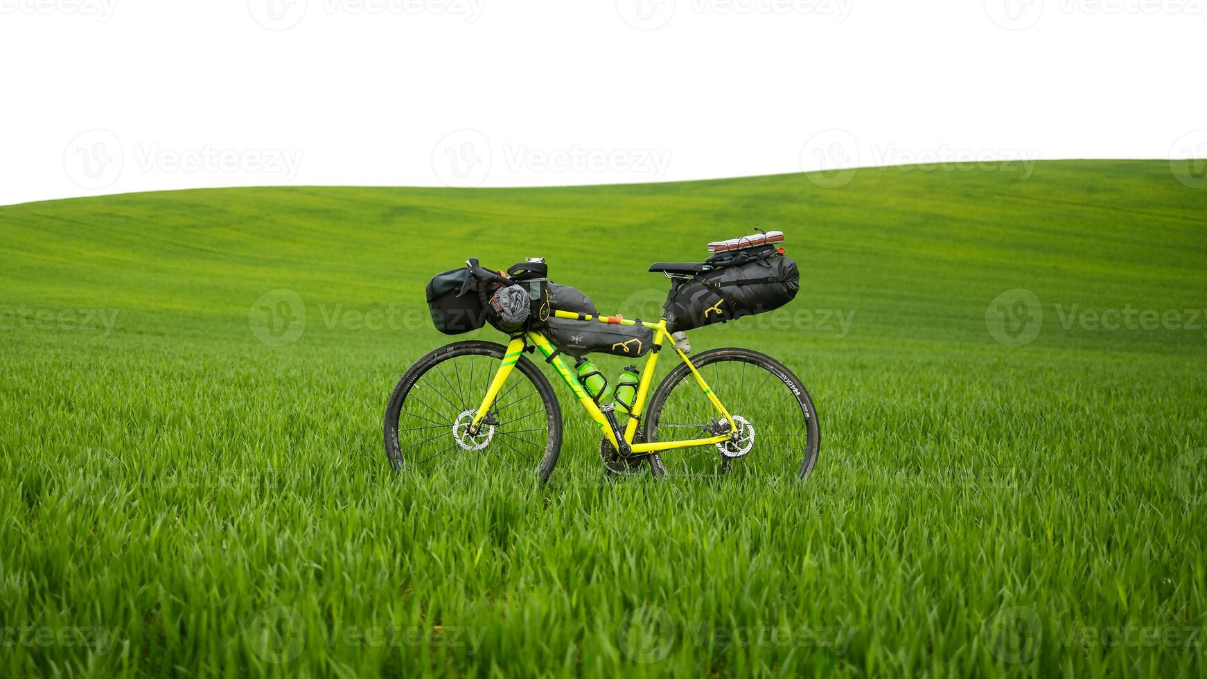 a bicycle parked in a field of green grass photo