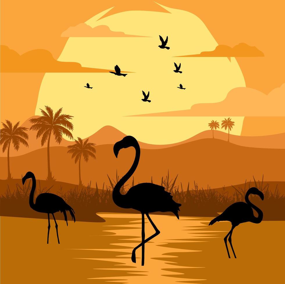 flamingo silhouette background sunset vector