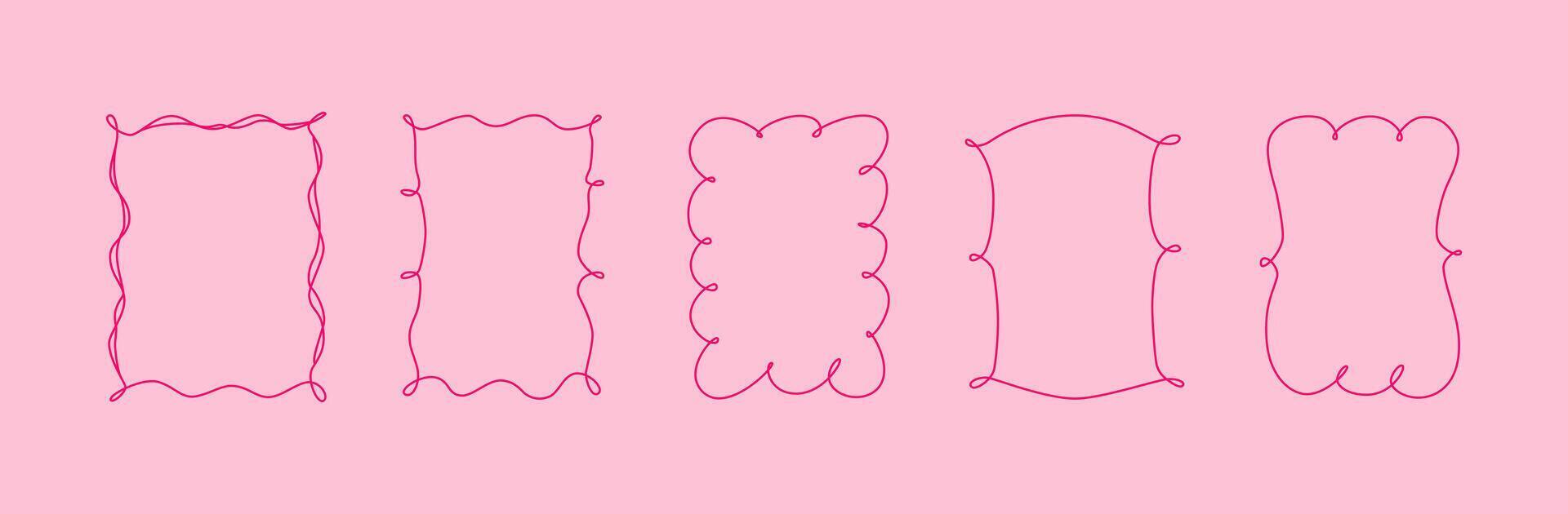 Hand drawn doodle quirky frame. Girly coquette line art. Linear pink trendy borders for wedding invitation, cards for birthday, Valentine's day. Whimsical minimalist design. . vector