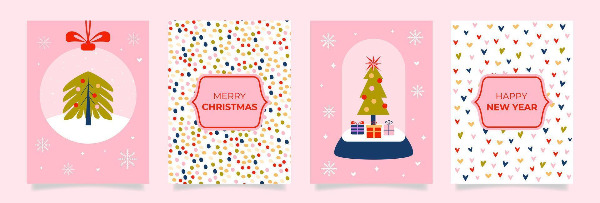 Festive Merry Christmas and Happy New Year greeting cards. Christmas trees, snow globes, confetti, gifts, snowflakes. Trendy banner, flyer, cover, poster template with typography. Pink color. . vector