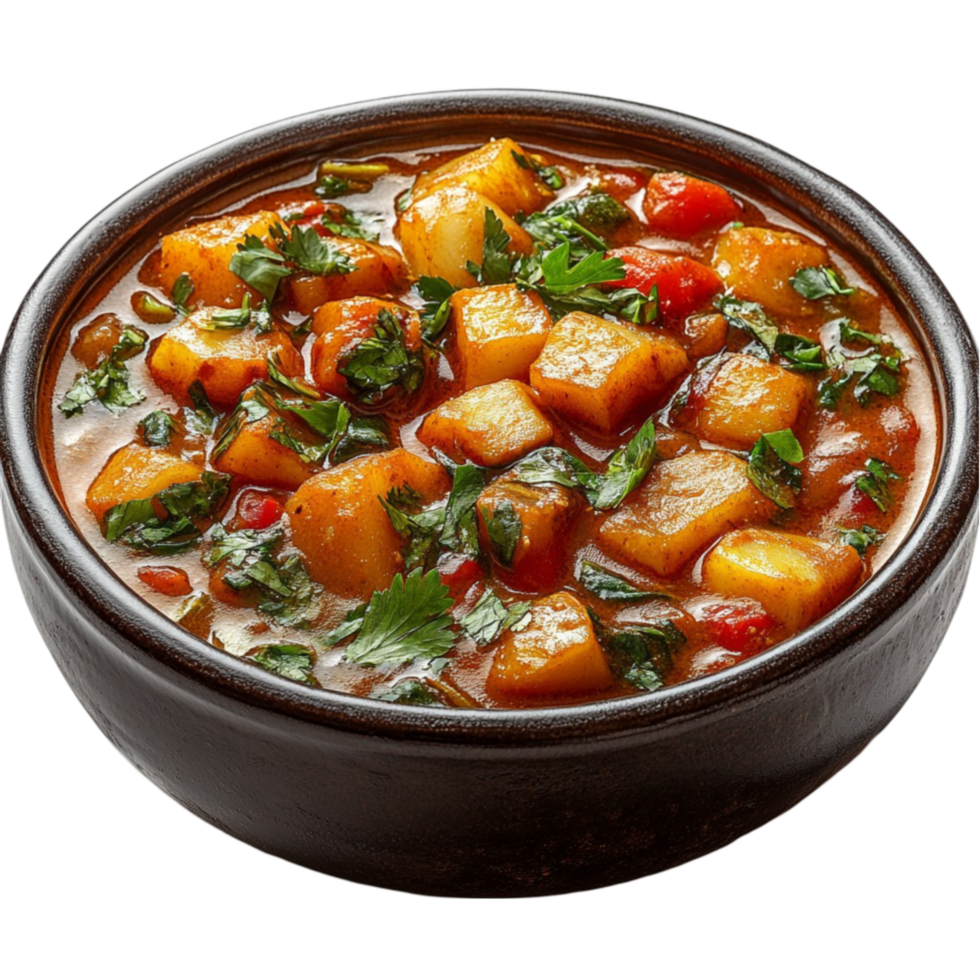 Potato Curry with Vegetables and Herbs in a Bowl on Transparent Background png