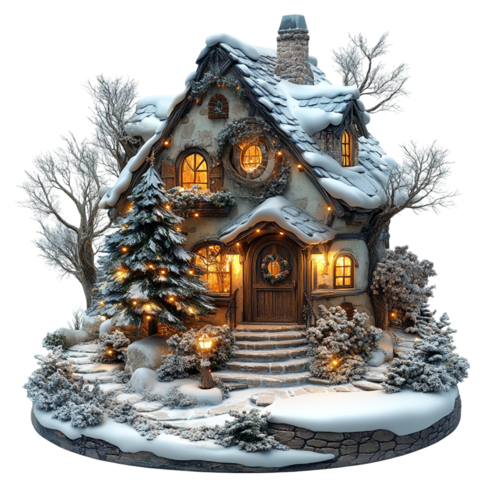 Christmas House with Lights and Trees on Transparent Background png