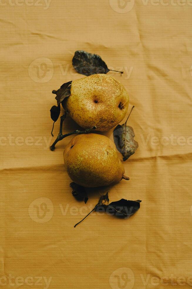 two pears on a table with leaves photo