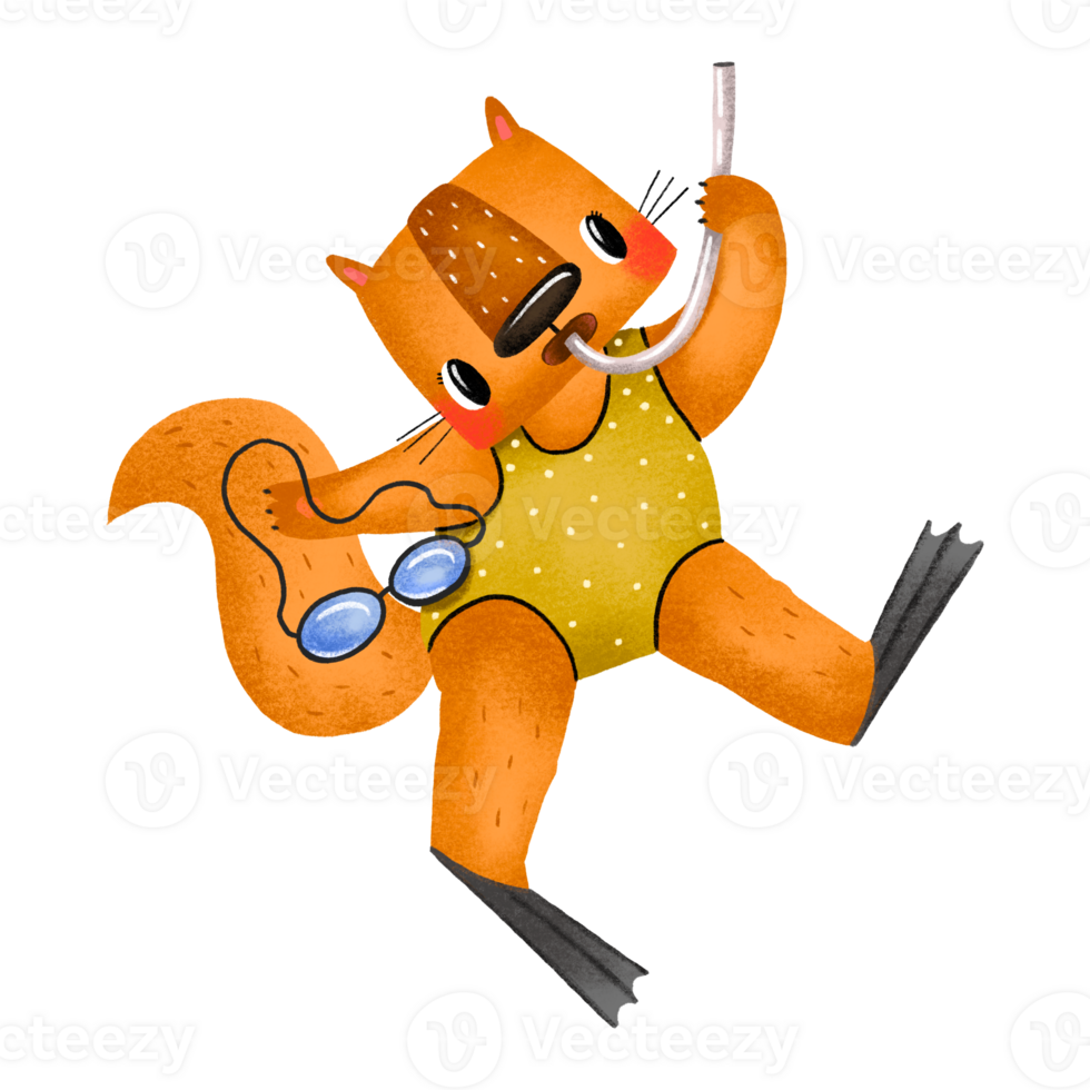 Summer illustration with squirrel diver. Diving sport on the sea. Summertime cartoon kids illustration. Sticker for summer design , beach drawing on isolated background png