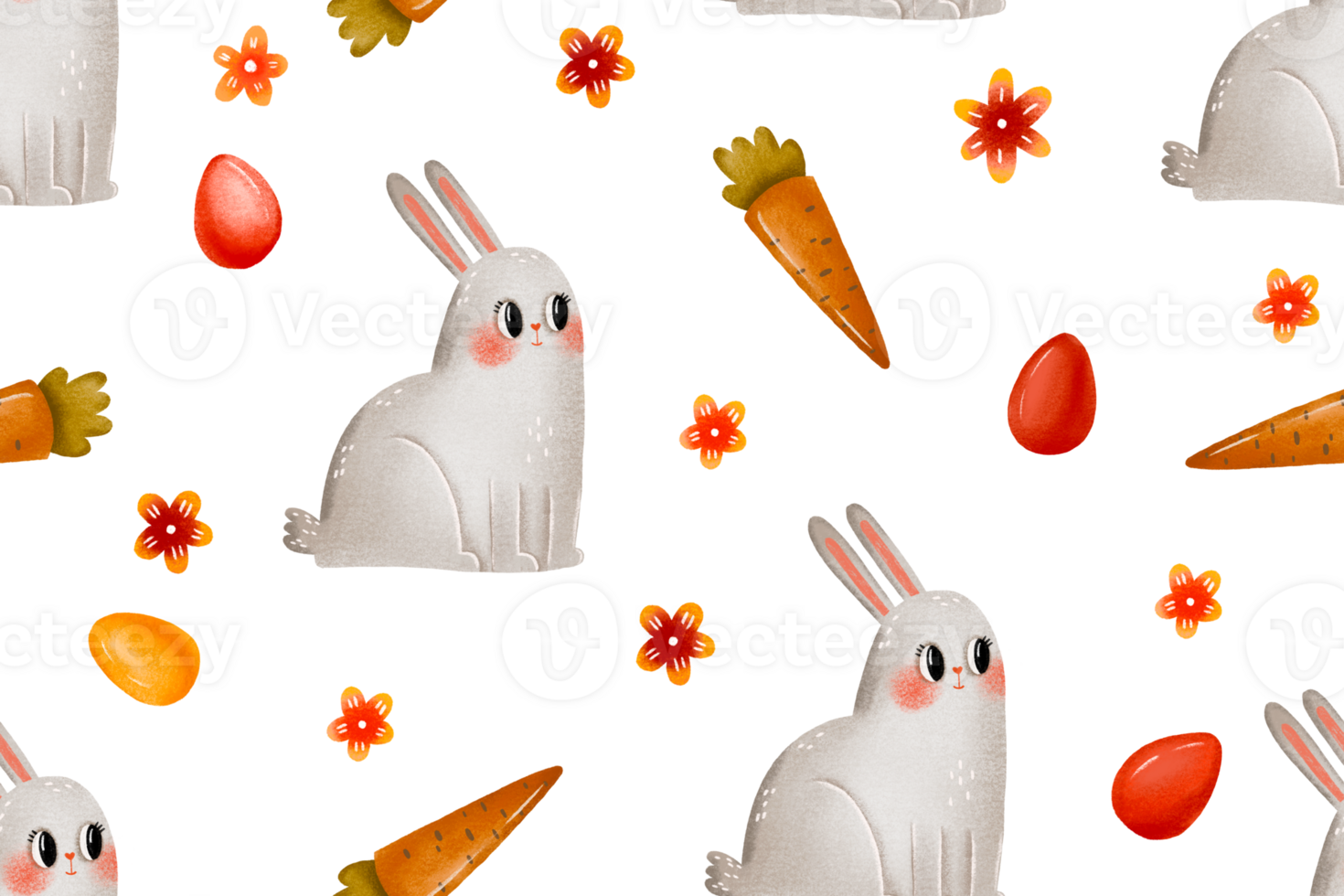Cartoon rabbit and carrot, eggs and blossom flowers. Hand drawn pattern. Seamless kids background png