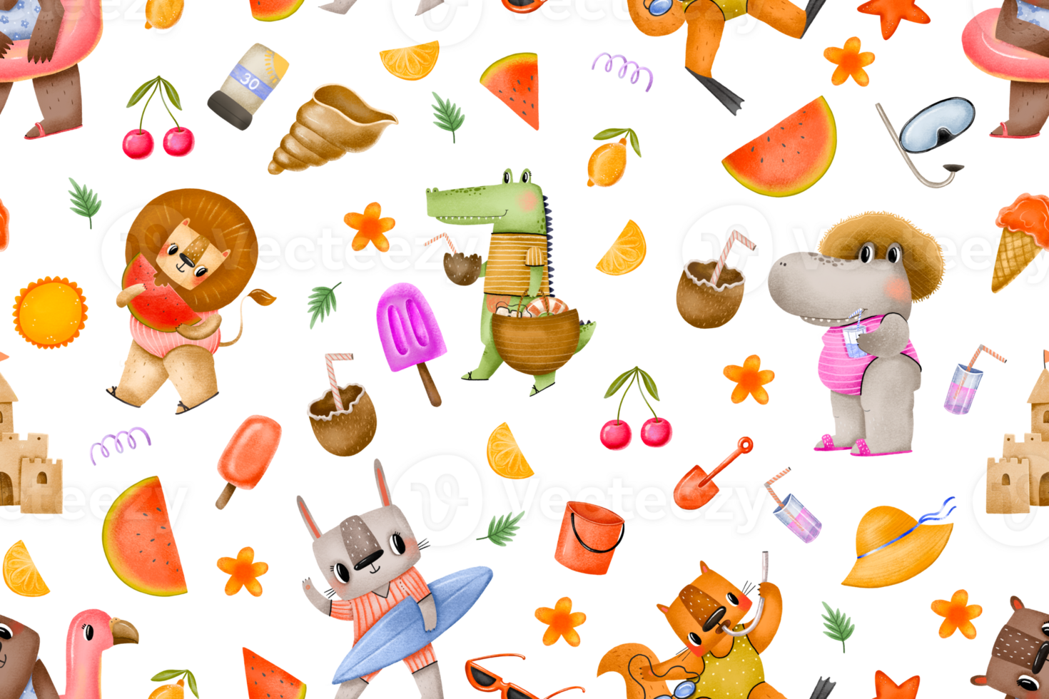 Seamless pattern Summertime illustration. Animals on beach. Flamingo float, cocktail, watermelon, ice cream. Holidays. Summer vacation. hand drawn cartoon background png