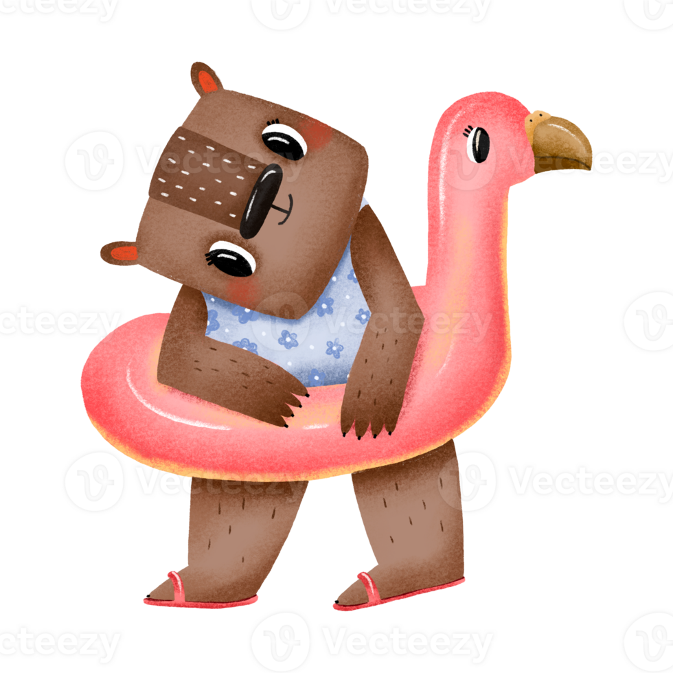 Summer illustration with bear swimming on flamingo float. Summertime cartoon kids illustration. Sticker for summer design , beach drawing on isolated background png
