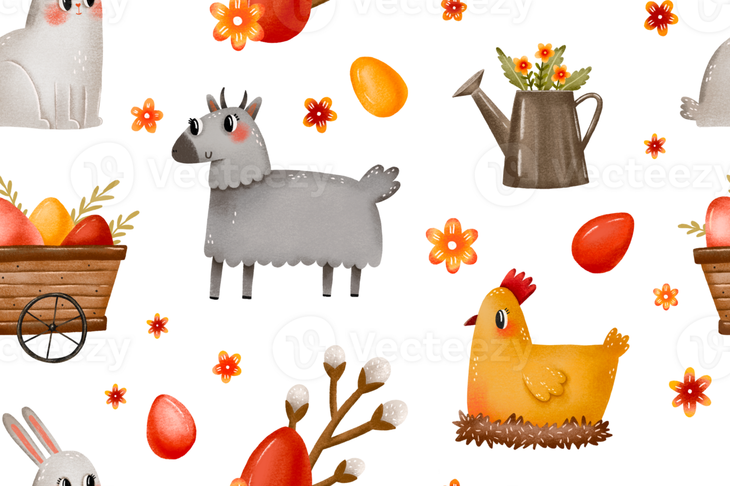 Easter animals seamless pattern. Farm cattle, goat, chicken, bantam, chicken and wooden cart with eggs. Easter spring hand drawn background png