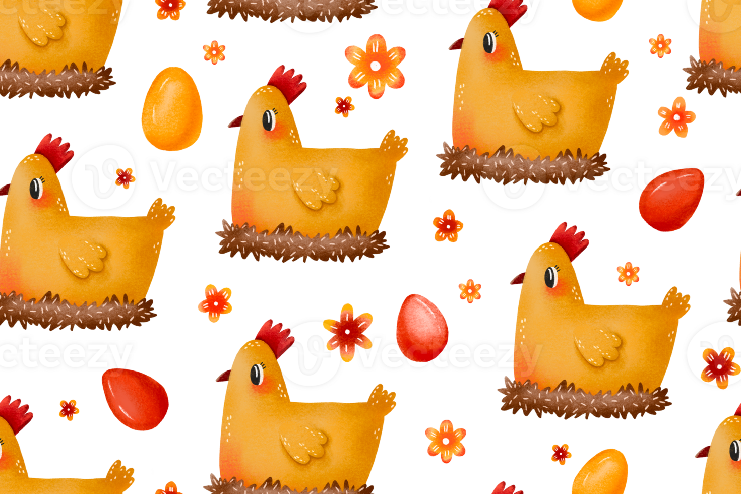 Chicken on a nest with hay. Easter hand drawn pattern. Spring childish background. Perfect for nursery, textile, paper png