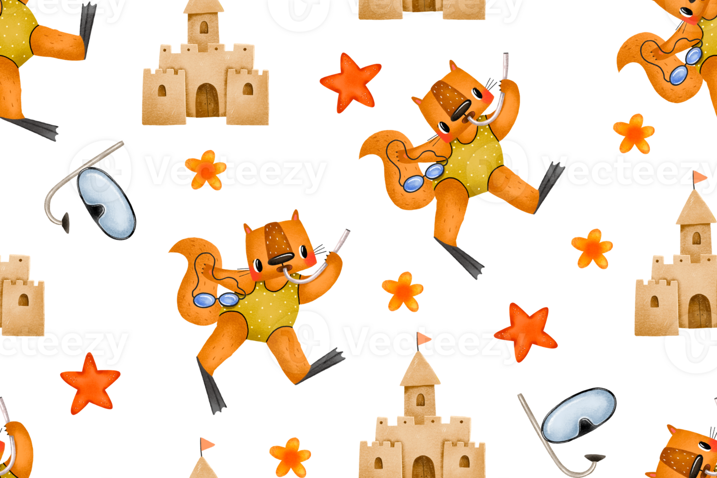 Seamless pattern squirrel diver and sandcastle. Under the sea. Hand drawn cartoon summer background. Beach and summertime vacation holidays repeating background for fabric, textile, branding png