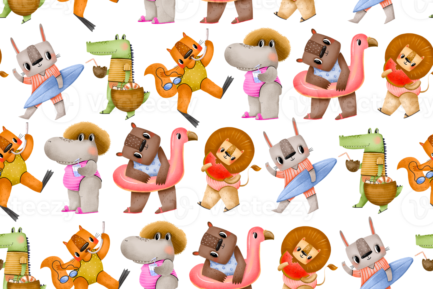 Summertime pattern. Animals on beach. Bear and flamingo float, crocodile, squirrel diver, hippo, lion and bunny surfer. Summer holidays, vacation. Hand drawn spripe background. Endless png