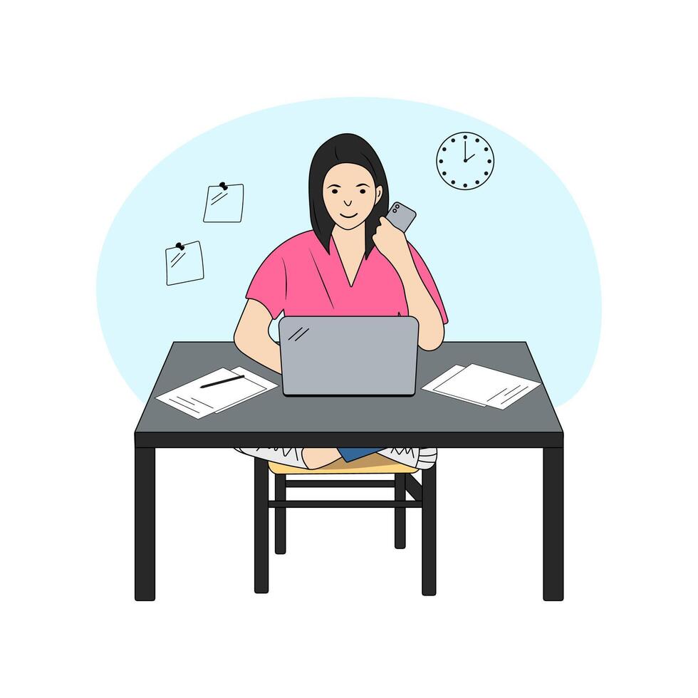 Working or studying concept. Young woman sits at the table with laptop and phone. She is working, typing, surfing the internet and using technology. vector