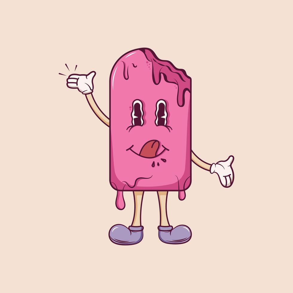 Ice cream on stick in retro groovy style. Summer delicacy. Poster, flyer, logo concept. vector