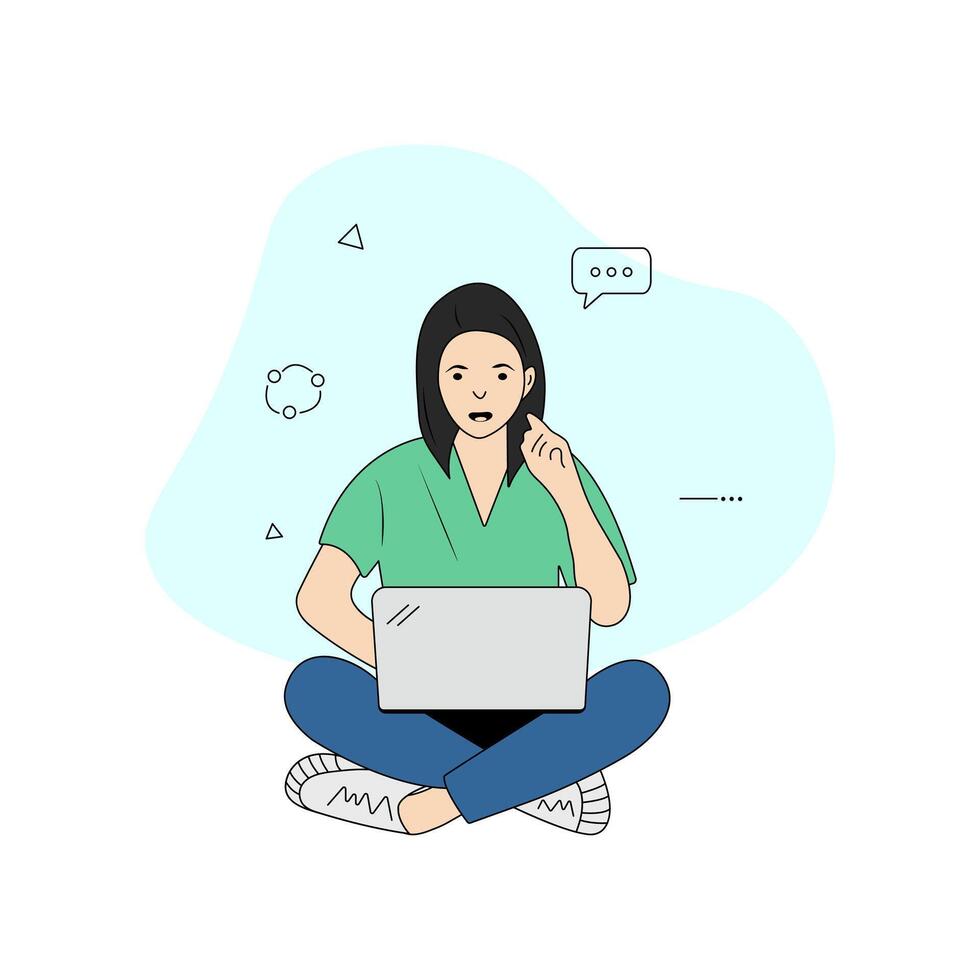 Working or studying concept. A young woman sits with a laptop, calling. She is working, typing, surfing the internet and using technology. vector