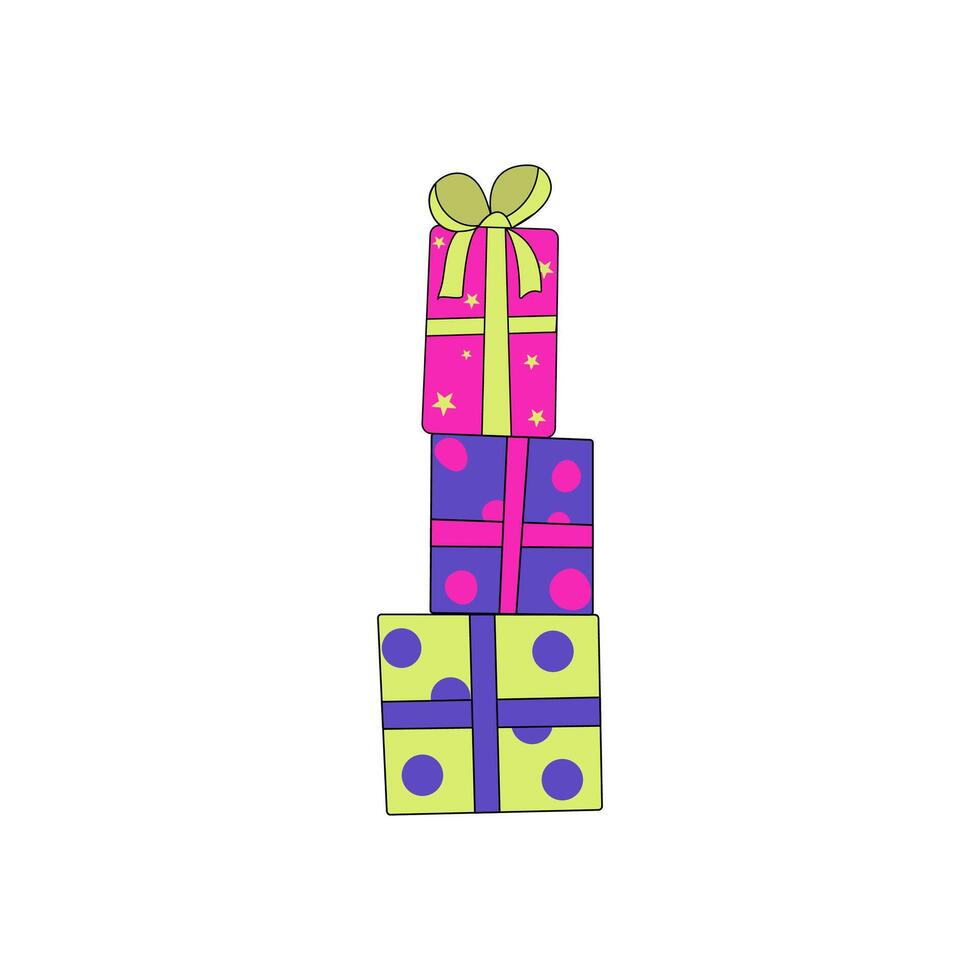 Colorful gift boxes, presents in doodle style. Holiday greeting card concept. Christmas, Birthday. vector
