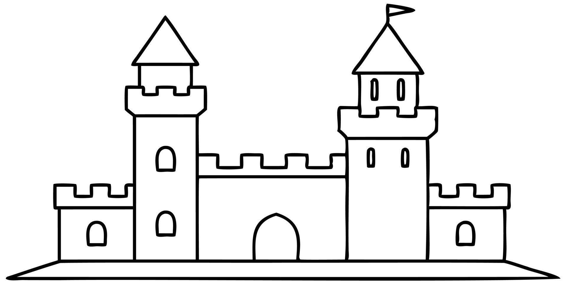 Line castle with tower. Simple outline building. Medieval kingdom fortress. Royal fairytale architecture. Sketch doodle fairytale castle vector
